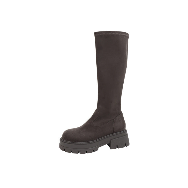 2025 But knee suede boots children thick-soled autumn and winter new thin elastic long tube thin boots flat knight boots