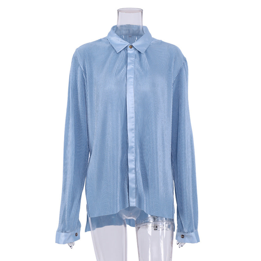2025 popular autumn and winter new long-sleeved lapel pleated shirt women's wide-leg mopping floor drape pleated trousers set solid color