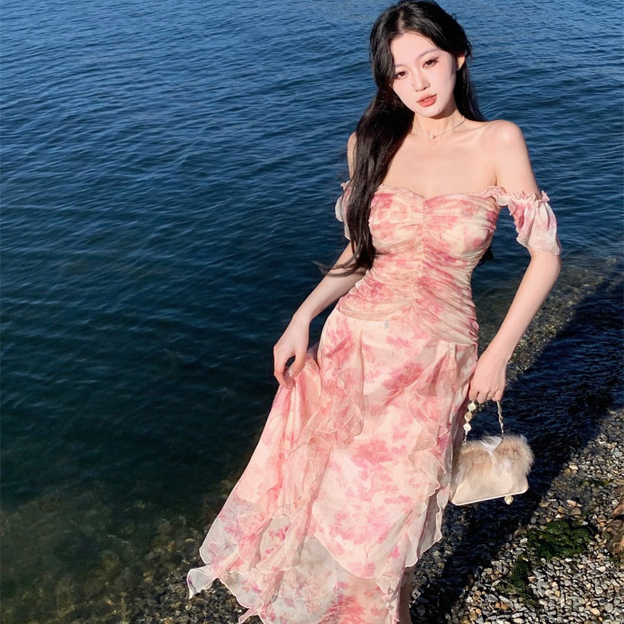 2025 sexy pure desire temperament one-word shoulder suspender floral vacation dress female superfairy lotus leaf edge chiffon skirt