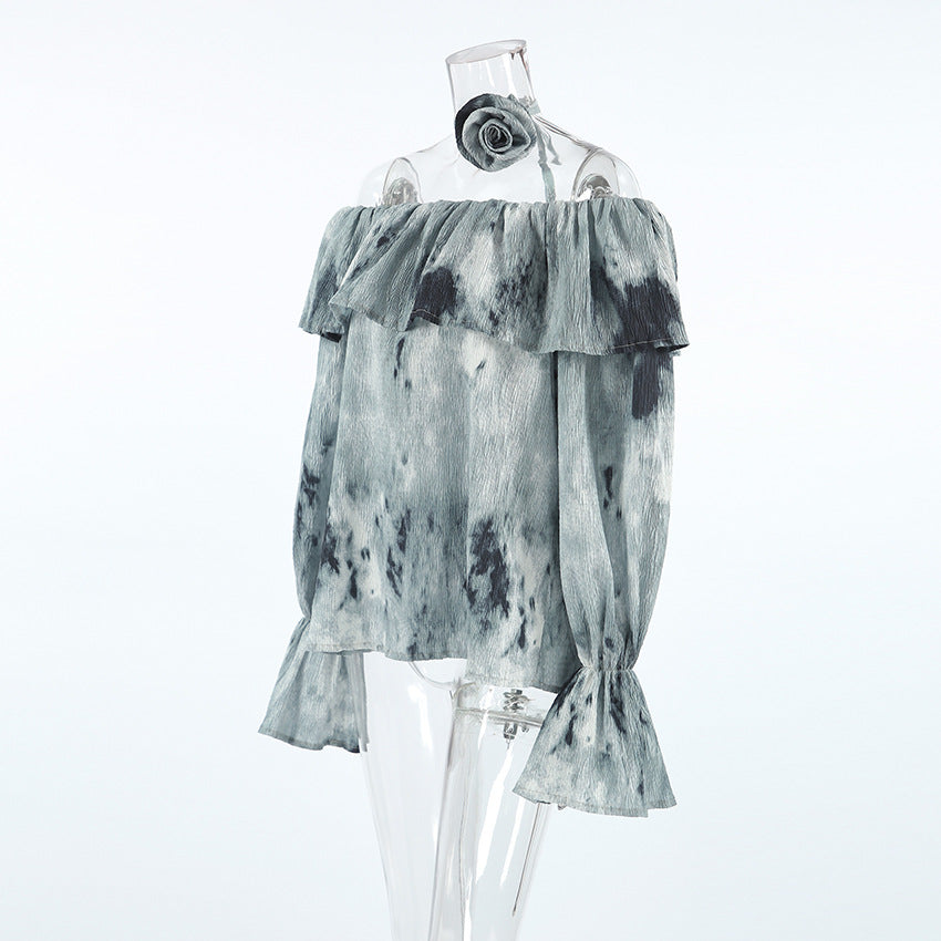 2025 Spring and summer fashion national style flower casual printing crepe one-word collar shirt lace-up loose horn sleeve top