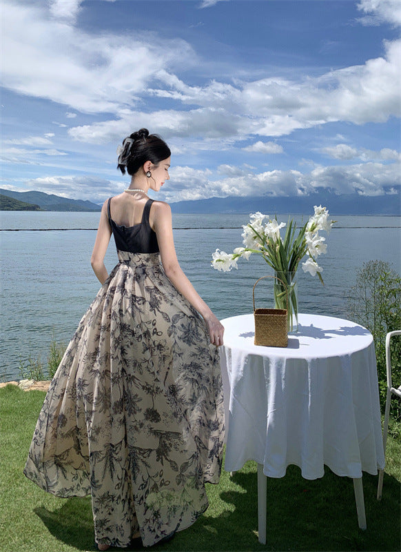 2025 New Chinese style suspender dress women's retro ink floral splicing seaside vacation long dress beach dress