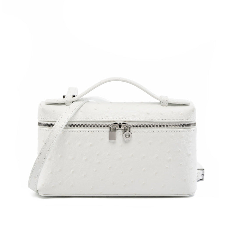 2025 Leather women's bag new high-end lunch box bag, portable cosmetic bag, ostrich pattern shoulder messenger bag.