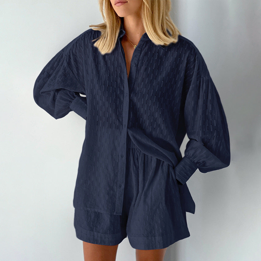 2025 popular Summer Women's Shirts Jacquard Bubble Sleeves Temperament Tops Shorts Commuter Design Casual Suit