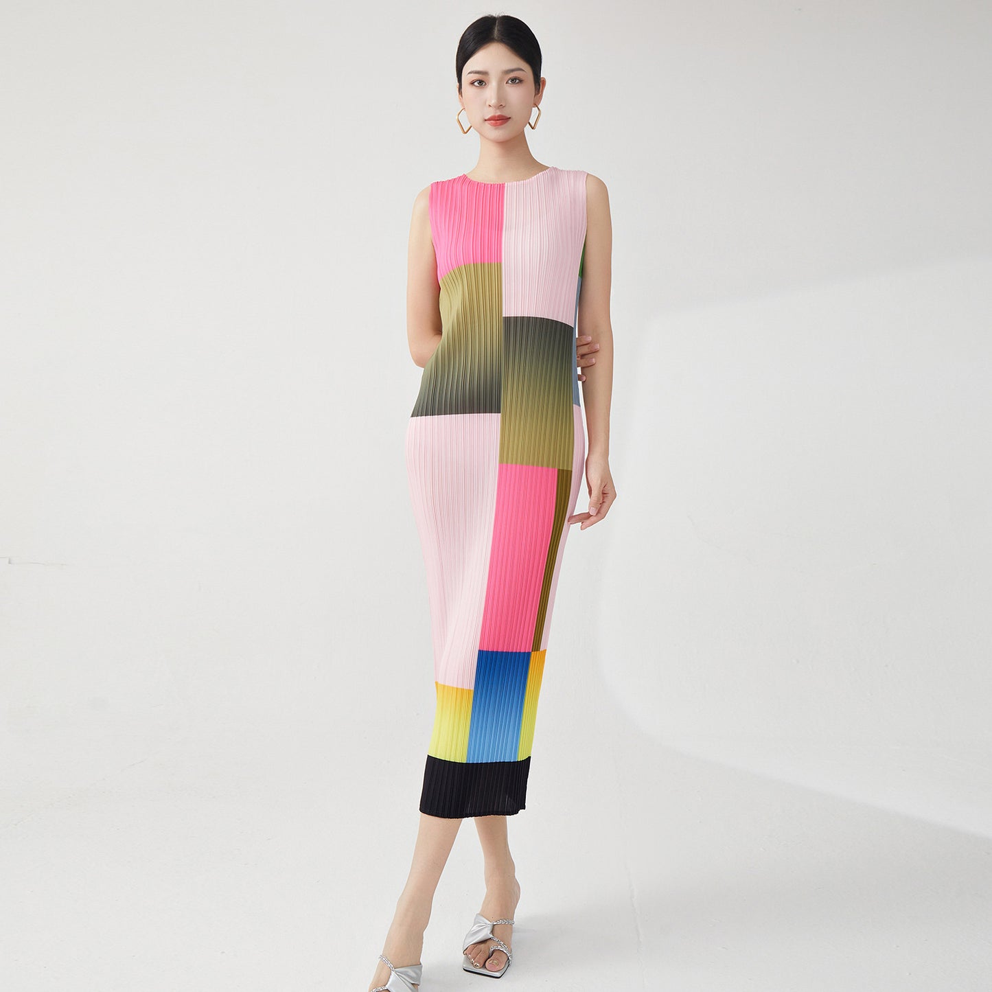 dress high sense light luxury summer contrasting color sleeveless medium and long design sense niche temperament elegant straight skirt