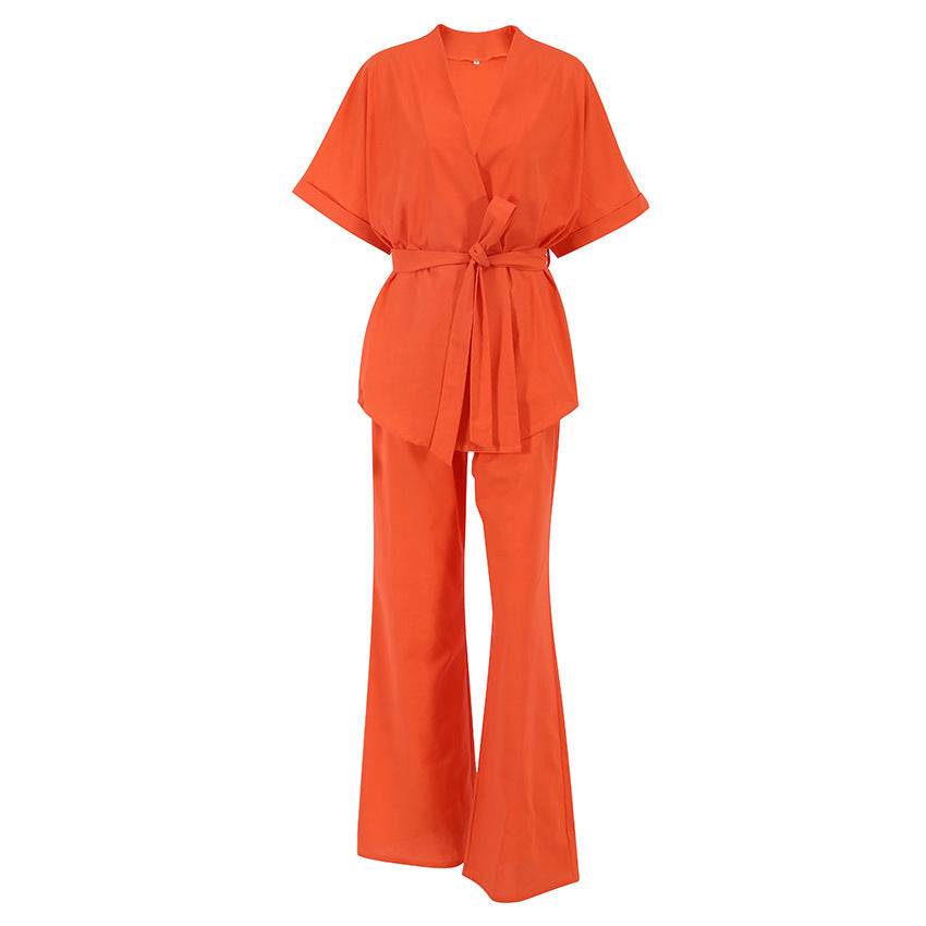 2025 popular summer new fashion suit cotton and linen short-sleeved trousers two-piece belt design casual women's clothing