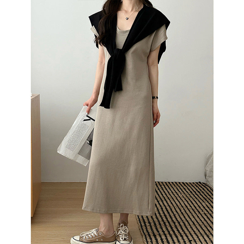 2025 popular summer Korean simple casual temperament solid color round neck retro niche slim 2342-1