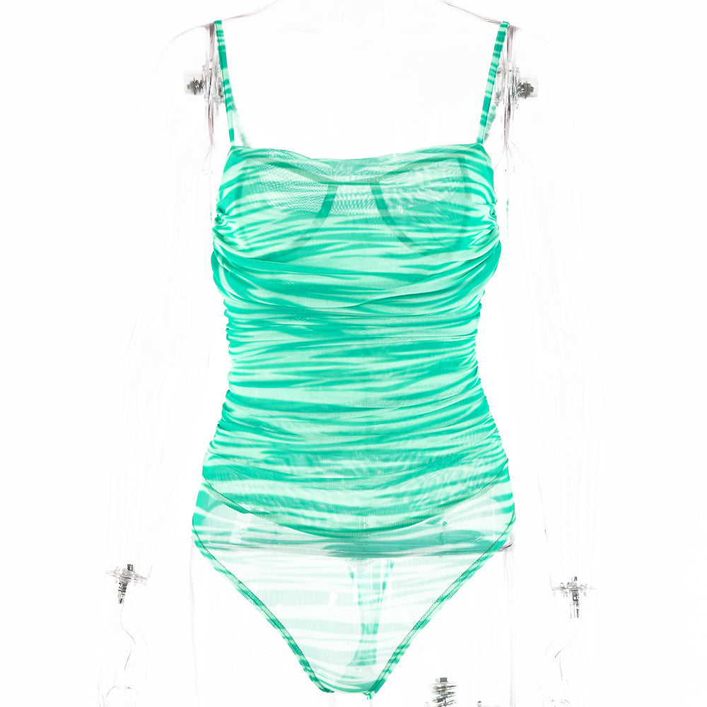 2025 style INS summer new onesie women's solid color fashionable and sexy suspender backless double-layer mesh bottoming shirt