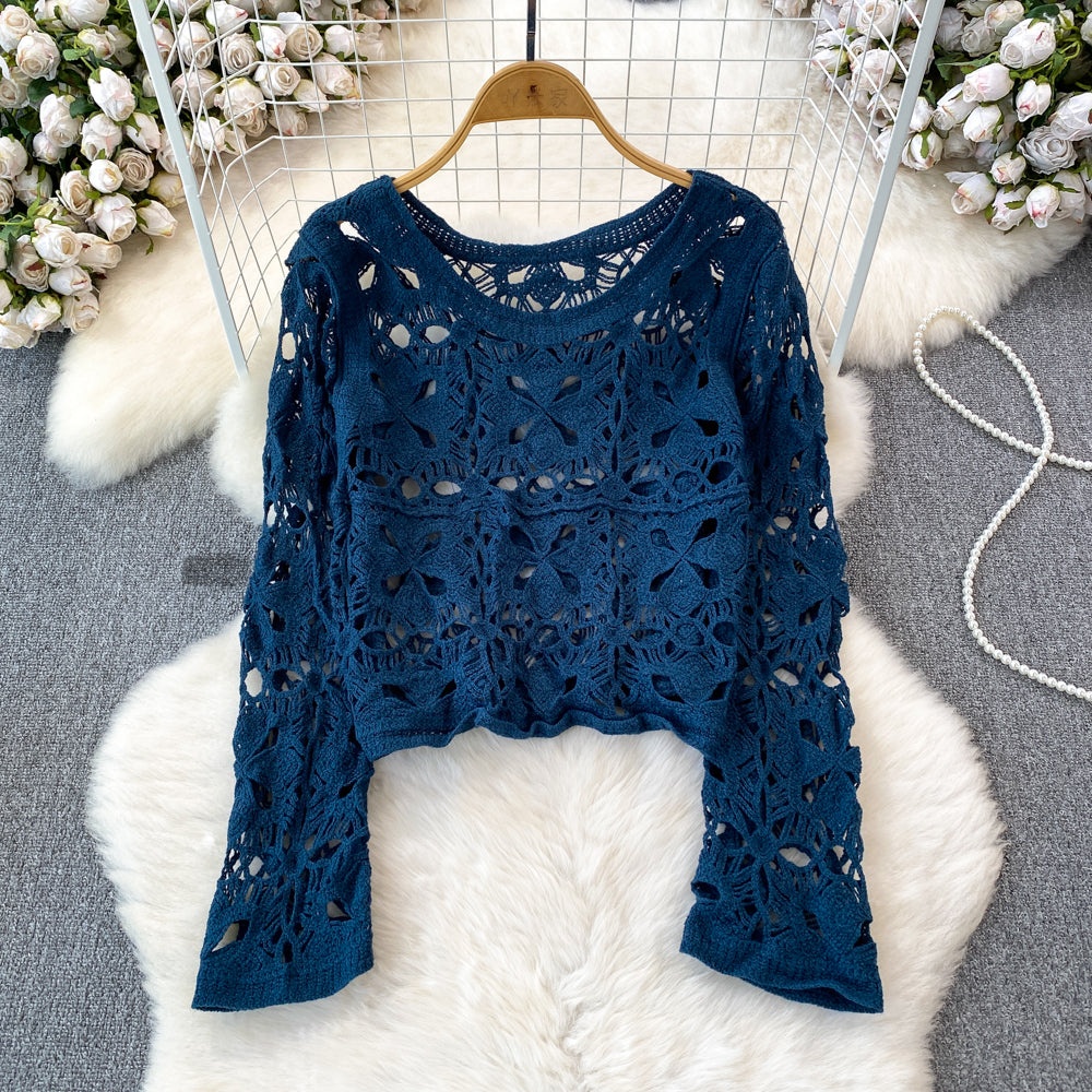 qgtao outfit inspo Long Sleeve Round Neck Hollow-out Crocheted Sweet Sweater Korean Style round Neck Fashion Casual Seaside Vacation Long Sleeve Top for Women