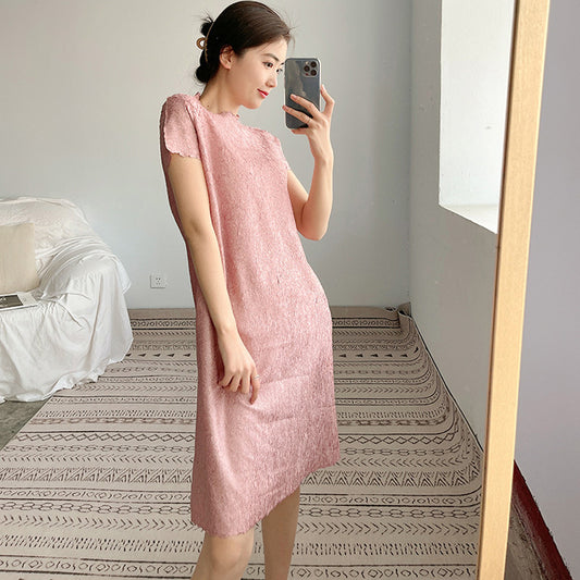 Factory direct sales dress women's loose casual short-sleeved medium and long flat pleated simple versatile pleated skirt