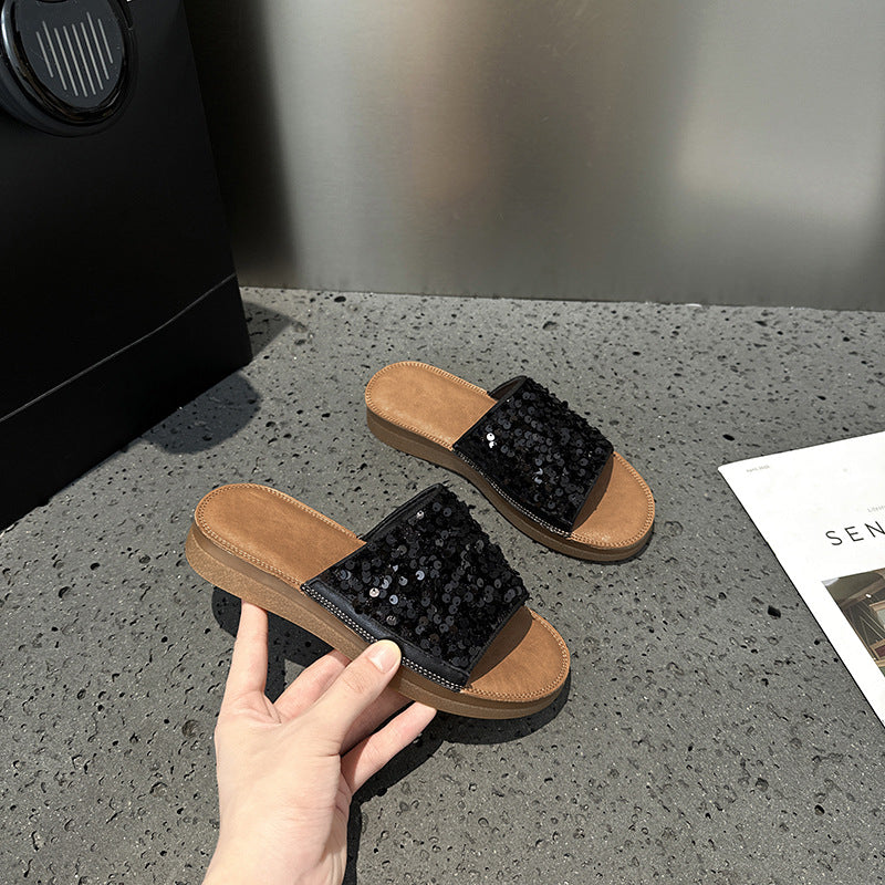 2025 popular summer new sequined one-word strap beef tendon sole flat-soled slippers women's shoes shiny Popular non-slip shoes