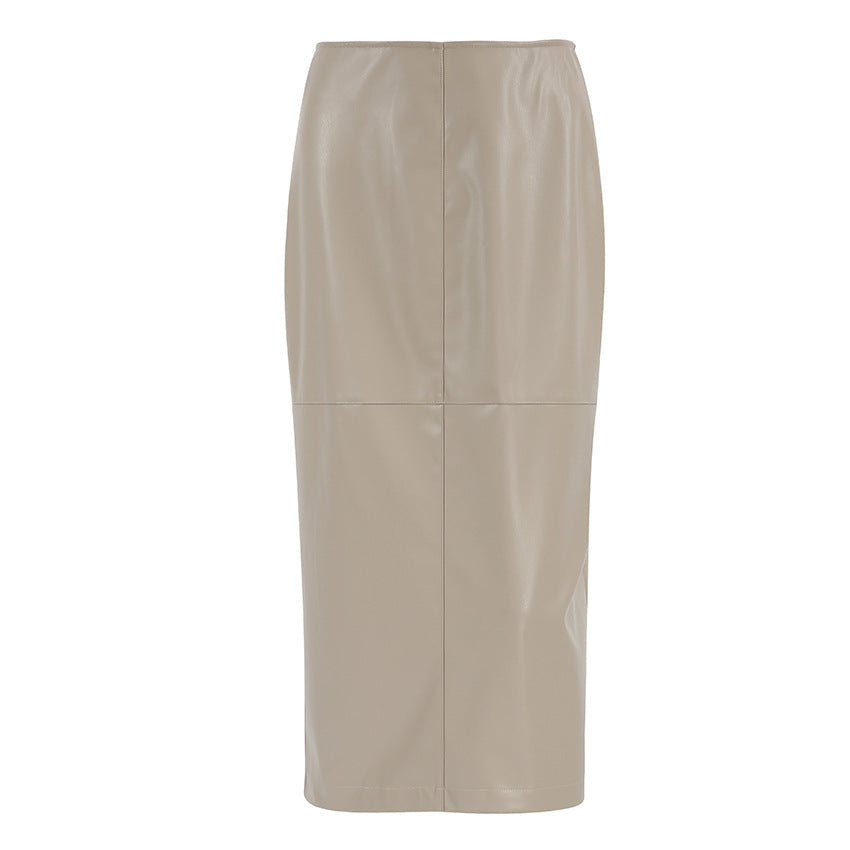 2025 Autumn and winter retro classic khaki velvet matte temperament thin PU leather high waist casual split skirt women