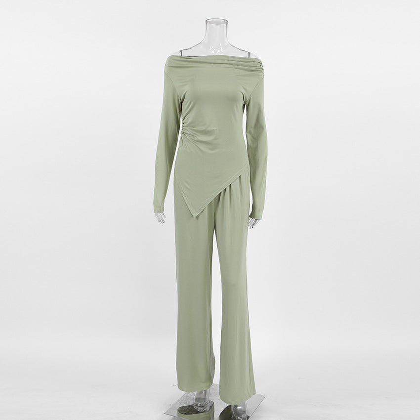 2025 Autumn and winter high-end gray knitted fashion temperament one-word collar long-sleeved high-waisted wide-legged pants commuter casual suit