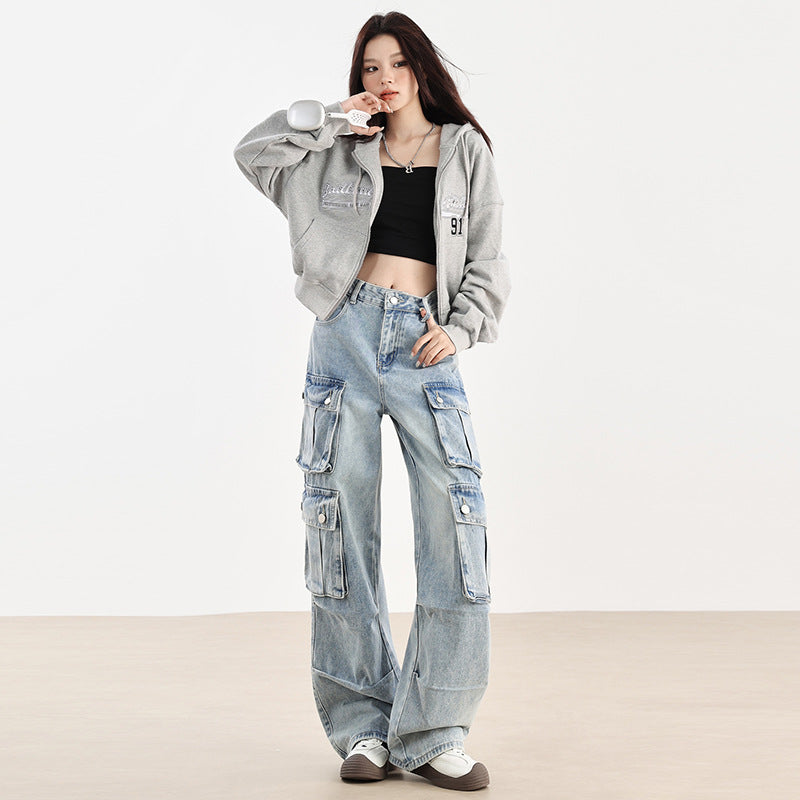 2025 n light blue multi-pocket tooling jeans women's autumn popular new high-waisted straight loose wide-leg pants