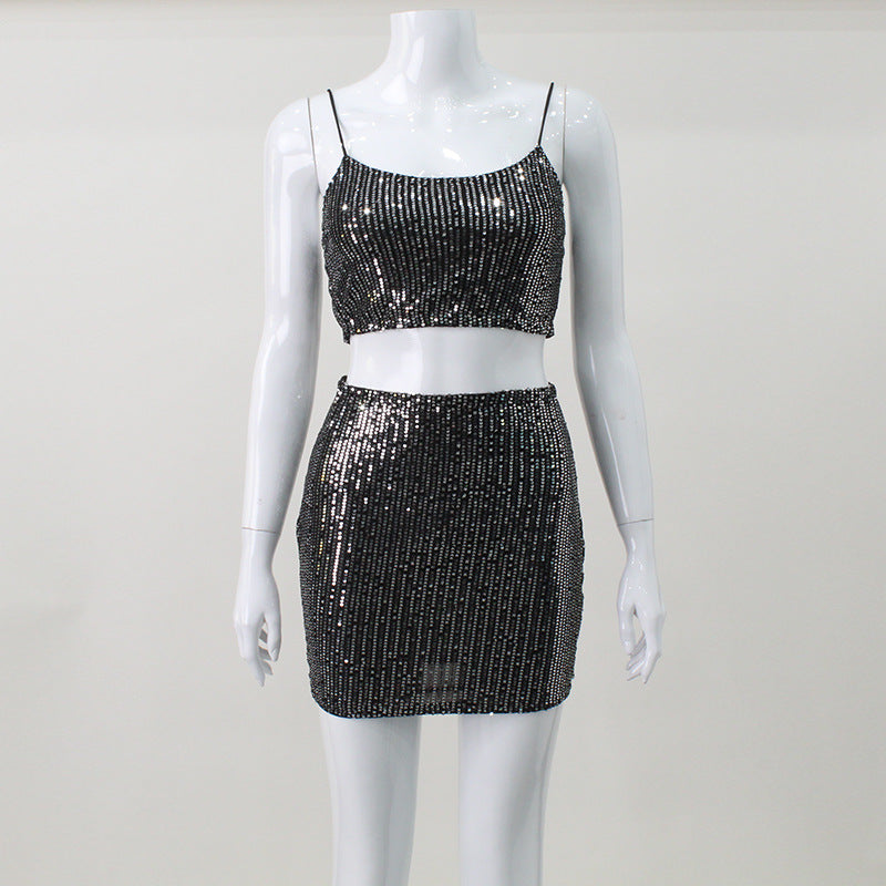 qgtao dti outfits Women's Super Shiny Sequined Tube Top Strap Hot Girl Suit Skirt Navel Sexy Two-Piece Suit