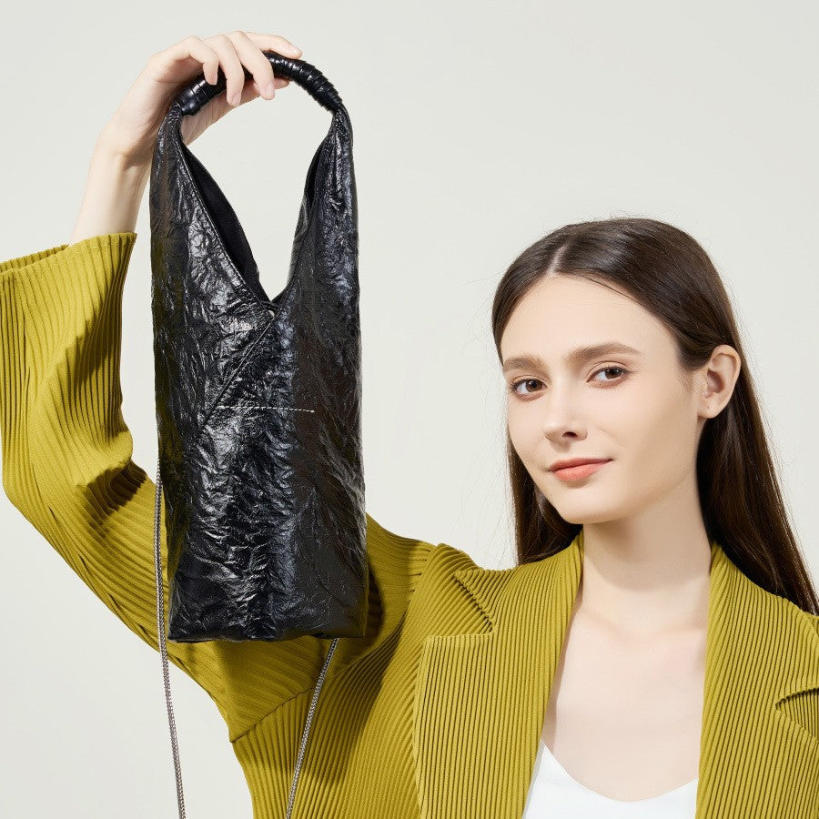 2025 Triangle pleated bag versatile large capacity underarm bag retro tote bag first layer cowhide shoulder bag