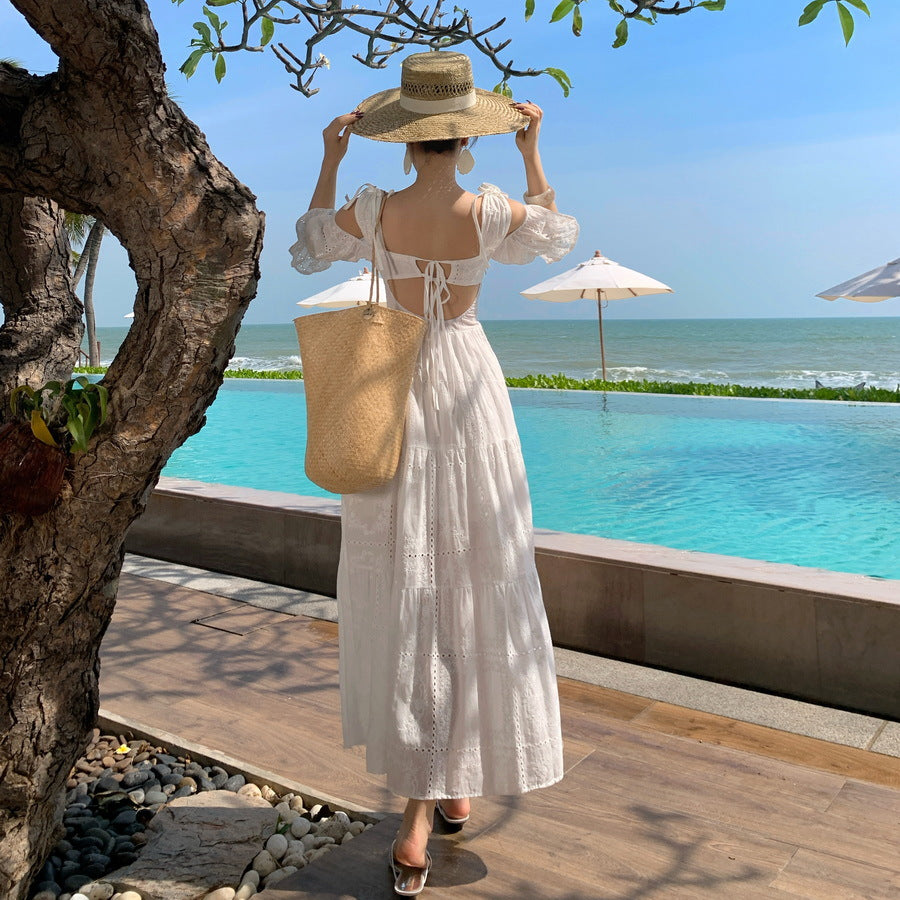 2025 Seaside vacation beach halter dress retro girl embroidered hollow off-the-shoulder suspender white dress women
