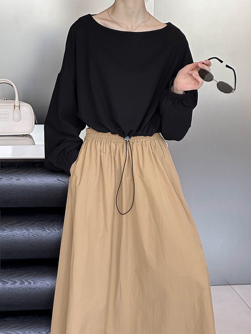 2025 Spring New Top Korean Solid Color Design Sense Drawstring Waist Long Sleeve Short T-Shirt 4525