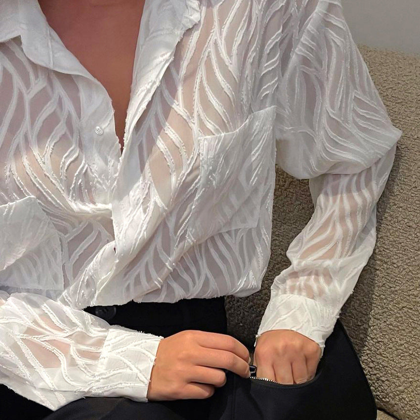 2025 popular New Spring and Summer Chiffon Shirt Perspective Thin Design Niche Textured Shirt Women's Top