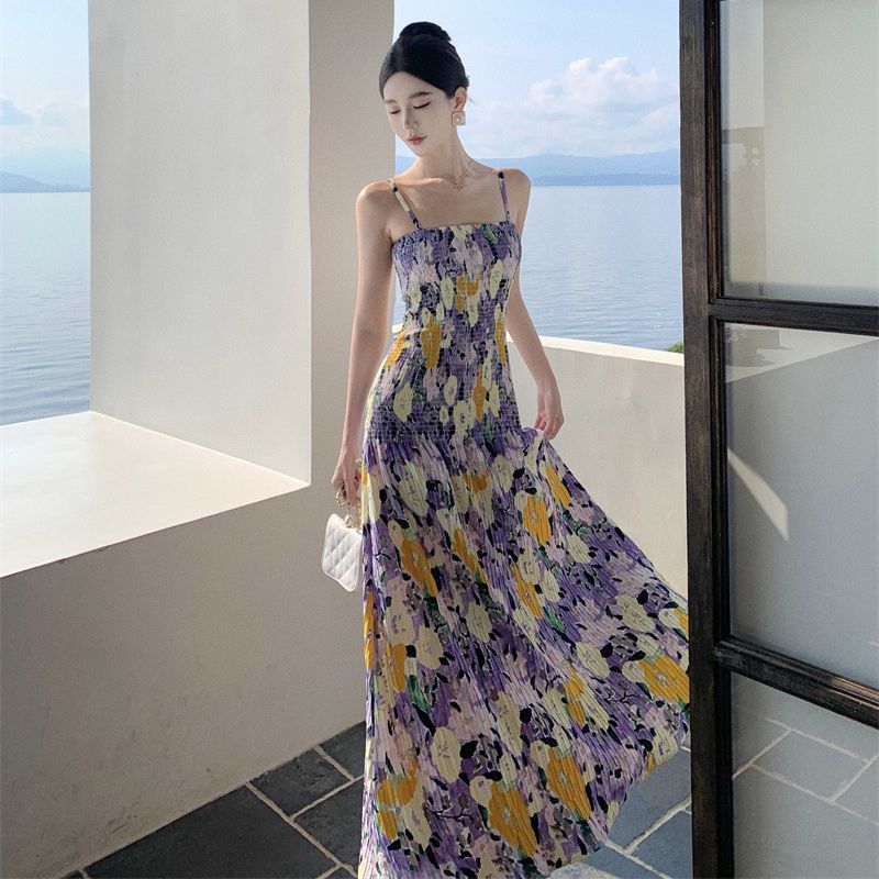 2025 Travel photo nice skirt summer romantic bohemian oil painting smudge atmosphere vacation suspender skirt