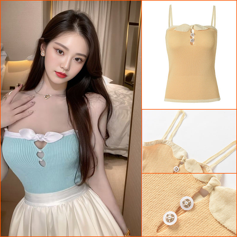 Sweet and spicy style sexy bottom knitted top for women's  spring and summer new bow stacked with sling vest for women