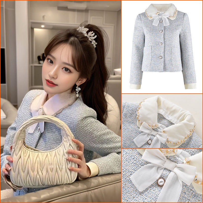 celebrity style milk blue fashion temperament small small man looking thin A word skirt autumn and winter J8009