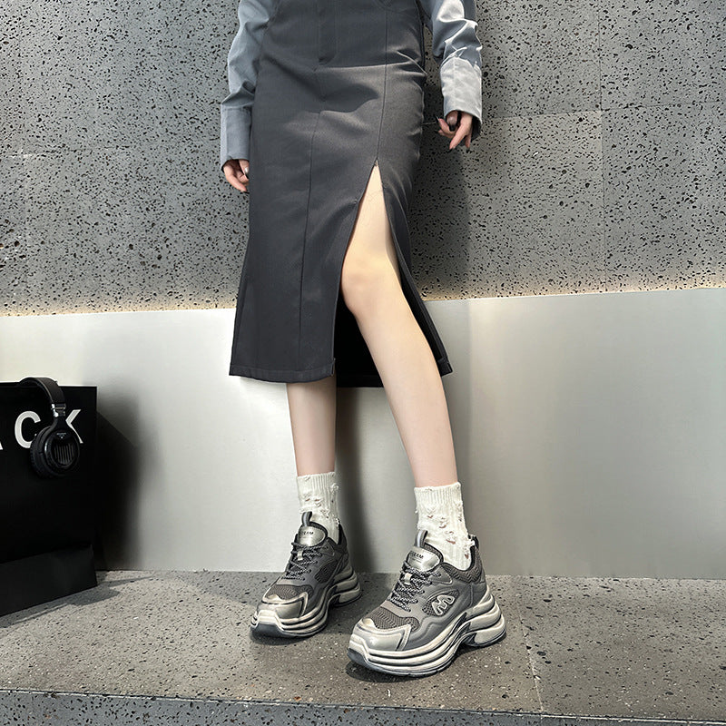 2025 Leather platform dad shoes women's popular autumn new Korean version breathable and versatile, light and non-slip casual sports shoes tide