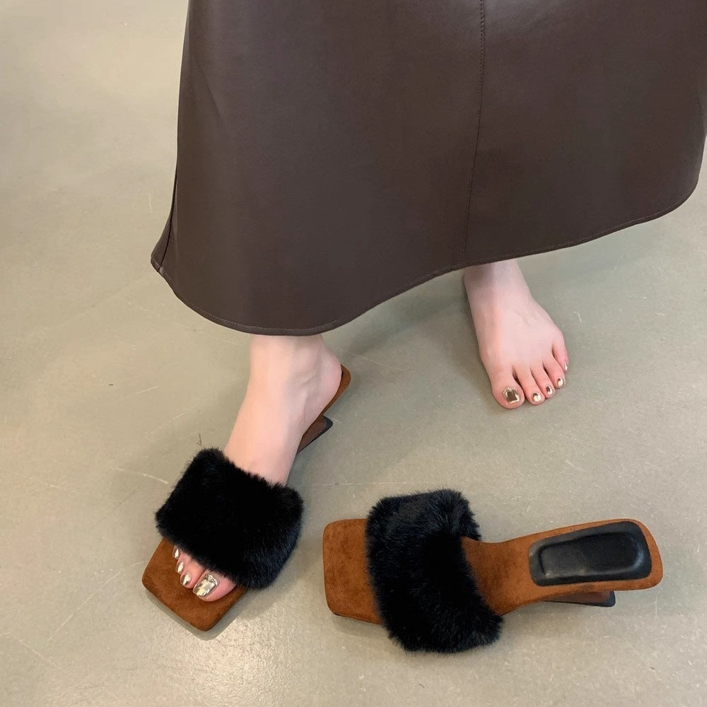 2025 Gentle wind slope heel fluffy slippers female popular autumn and winter height increase fairy with skirt cotton slippers