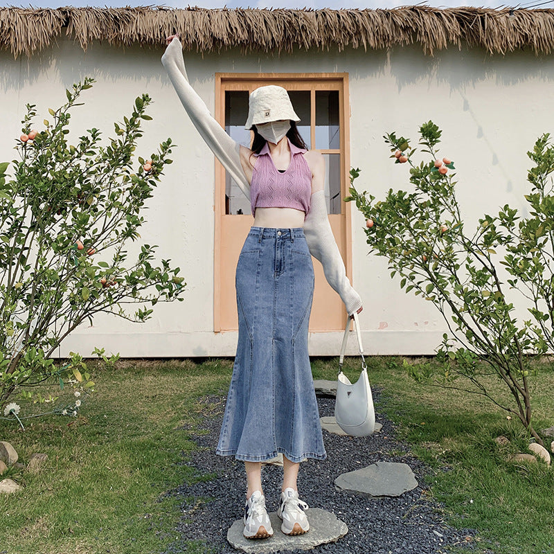 2025 Blue split-ended denim skirt women's popular new high-waisted and thin Spice Girl fishtail medium and long hip-wrapped skirt