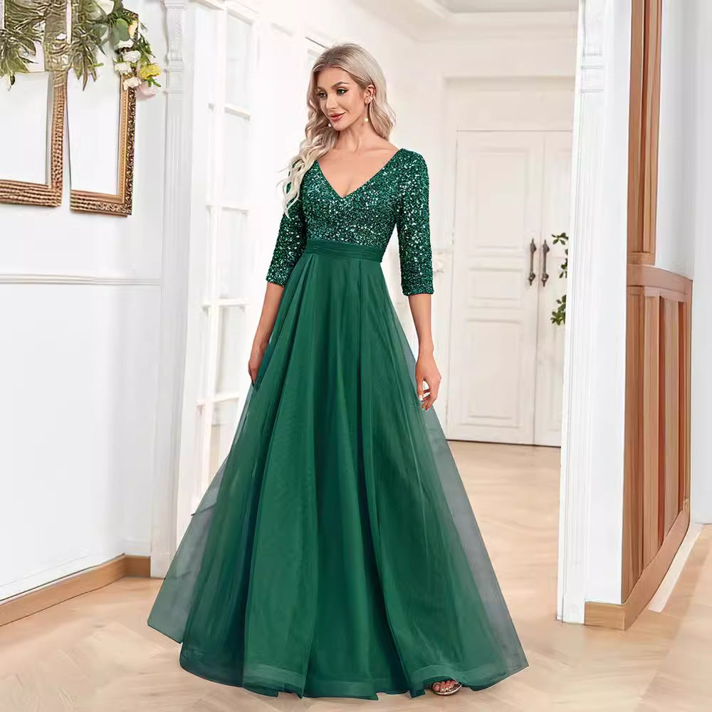 2025new V-neck short-sleeved sequined tulle A-word landing elegant dance evening dress fashion party dress