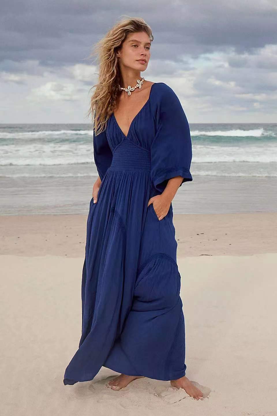 qgtao pop culture dress to impress New Solid Color Long Fashion Sexy V-neck Tight Waist Fashion Snow Chiffon Dress