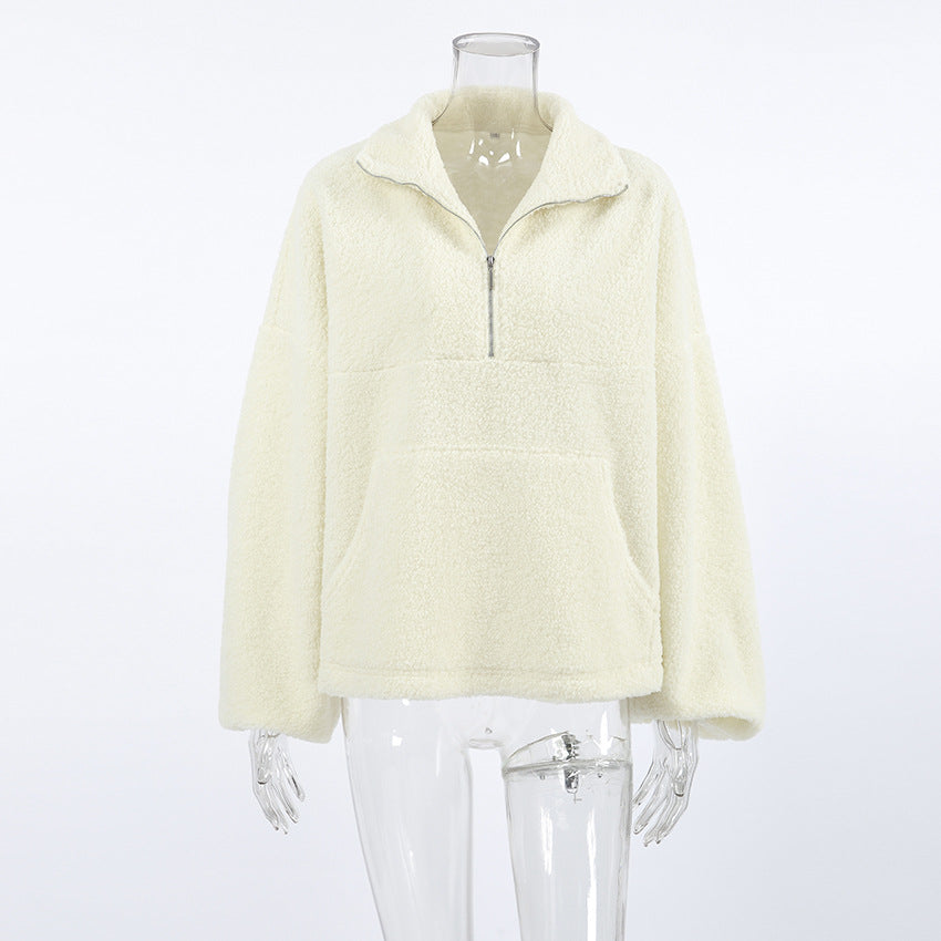 2025 Autumn and winter personalized fashion beige knitted casual lamb wool small stand-up collar lantern sleeve New plush loose sweater women