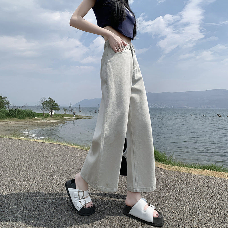 2025 Sand white jeans women's new high-waisted and thin loose-legged small nine-point banana pants in the summer of popular
