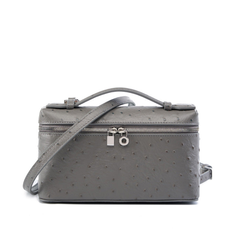 2025 Leather women's bag new high-end lunch box bag, portable cosmetic bag, ostrich pattern shoulder messenger bag.