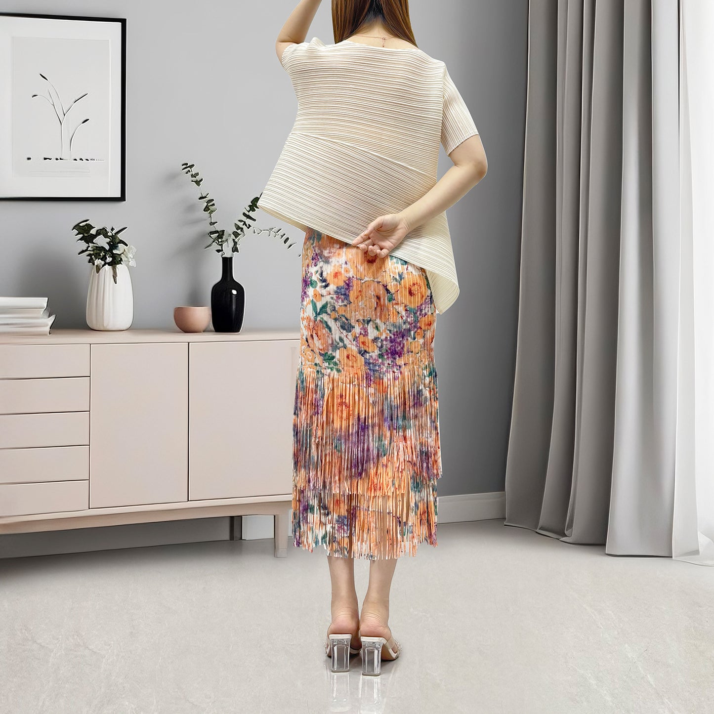 hot-selling suit women's two-piece set summer temperament commuter short-sleeved T-shirt printed fringed hip skirt