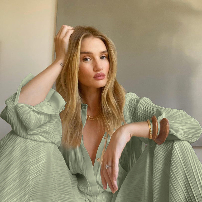 2025 popular autumn and winter new long-sleeved lapel pleated shirt women's wide-leg mopping floor drape pleated trousers set solid color