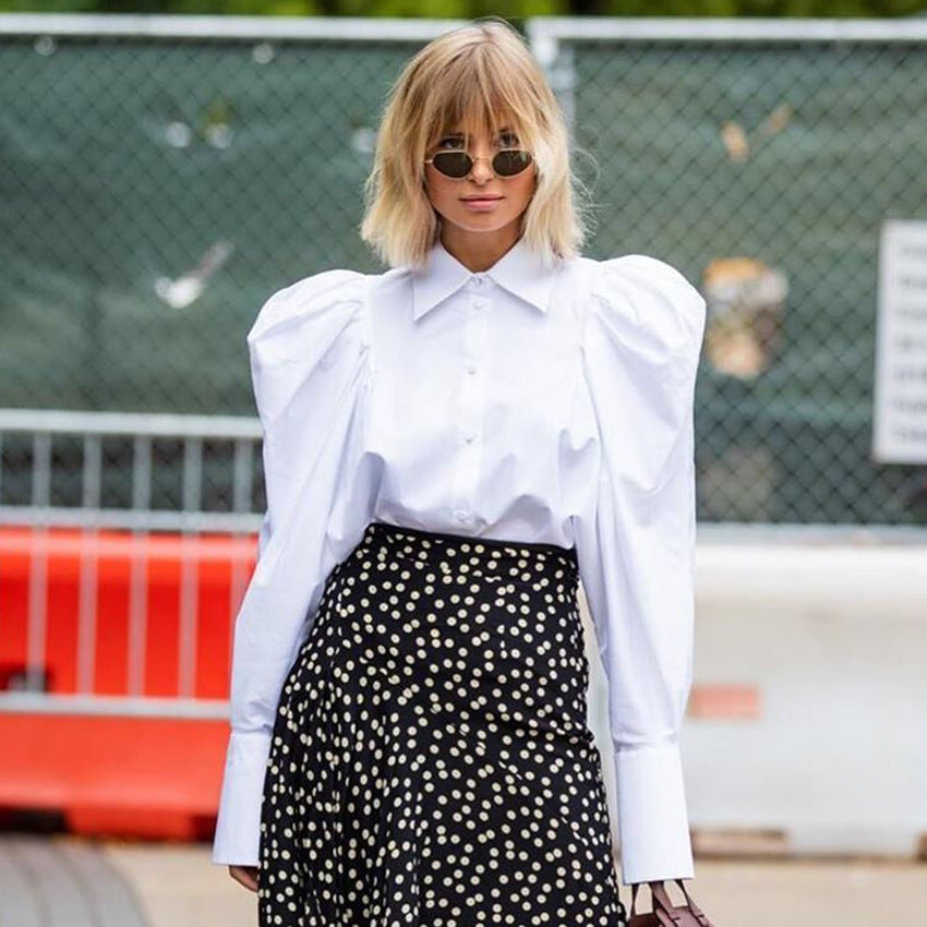 2025 white bubble sleeve shirt top women's Popular trade loose popular autumn new retro professional long-sleeved shirt