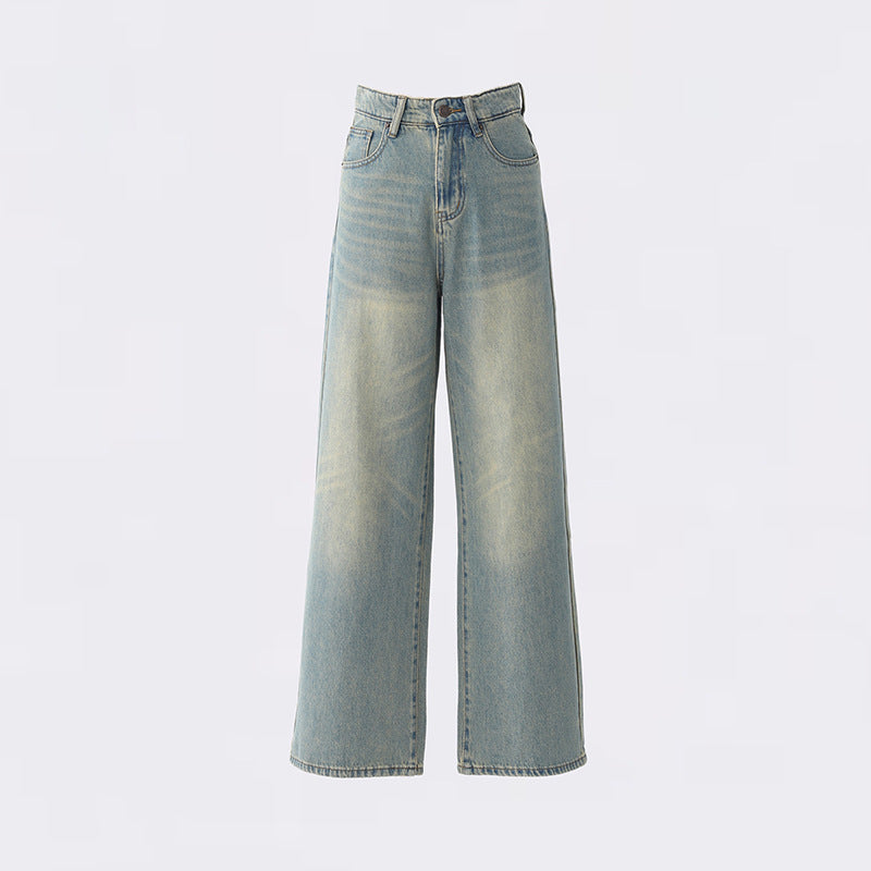 qgtao 90s streetwear Jinyin American Retro High Waist Distressed Loose Wide Leg Pants Early Autumn New Straight Jeans Trousers Lengthened