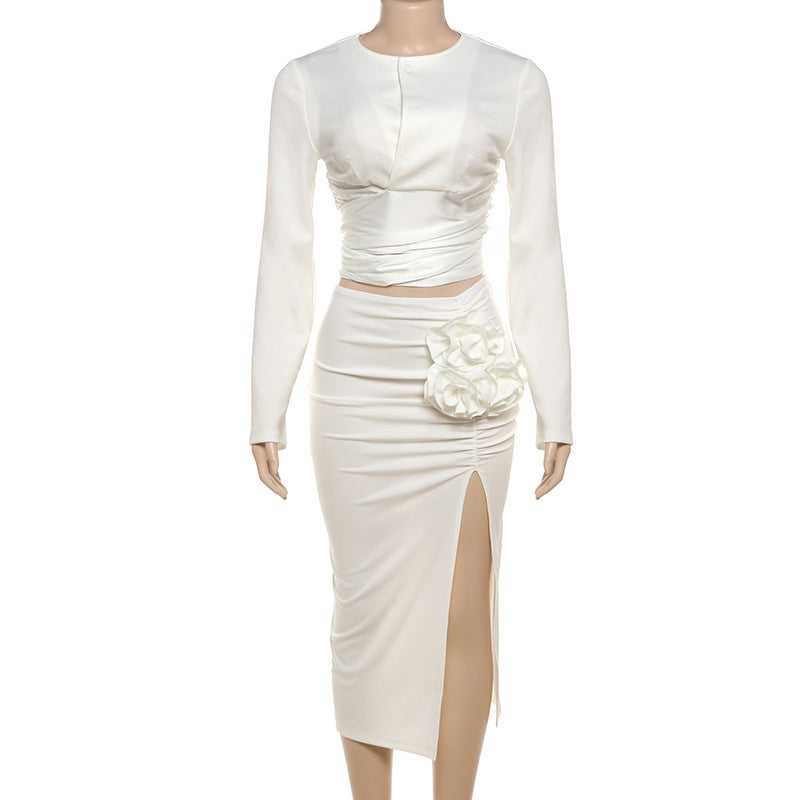 qgtao classy demure mindful dress to impress 2024 Autumn New Elegant Socialite Pleated Waist Design Top Rose Modified Hip Skirt Two-Piece Set for Women