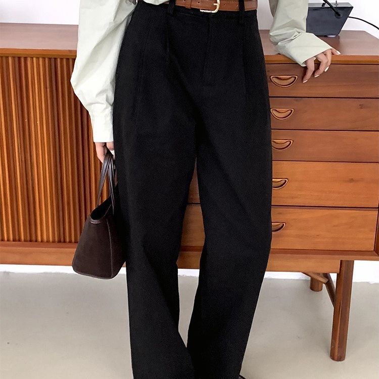qgtao suede jacket outfit French Retro Khaki Straight Suit Pants Women's Spring and Autumn High Waist Korean Style Slimming Cover Chic Casual Long Pants
