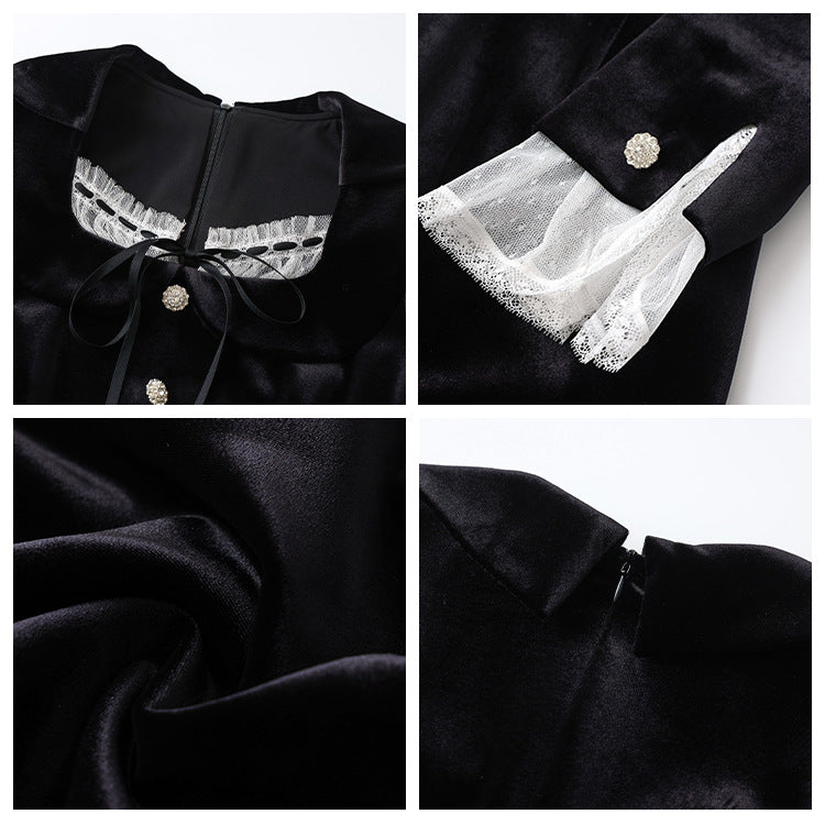 Premium super good-looking velvet dress autumn new cuff splicing lace medium and long skirt M9170