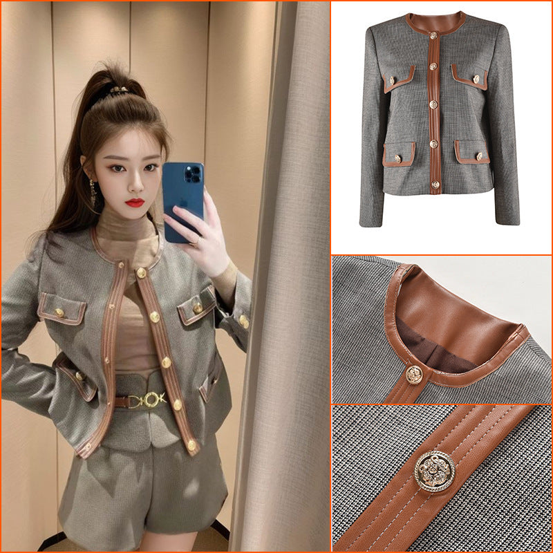Fragrant Celebrity Short Jacket Small Fashion Suit Women's High Waist Wide Leg Shorts Two-piece Set K9016