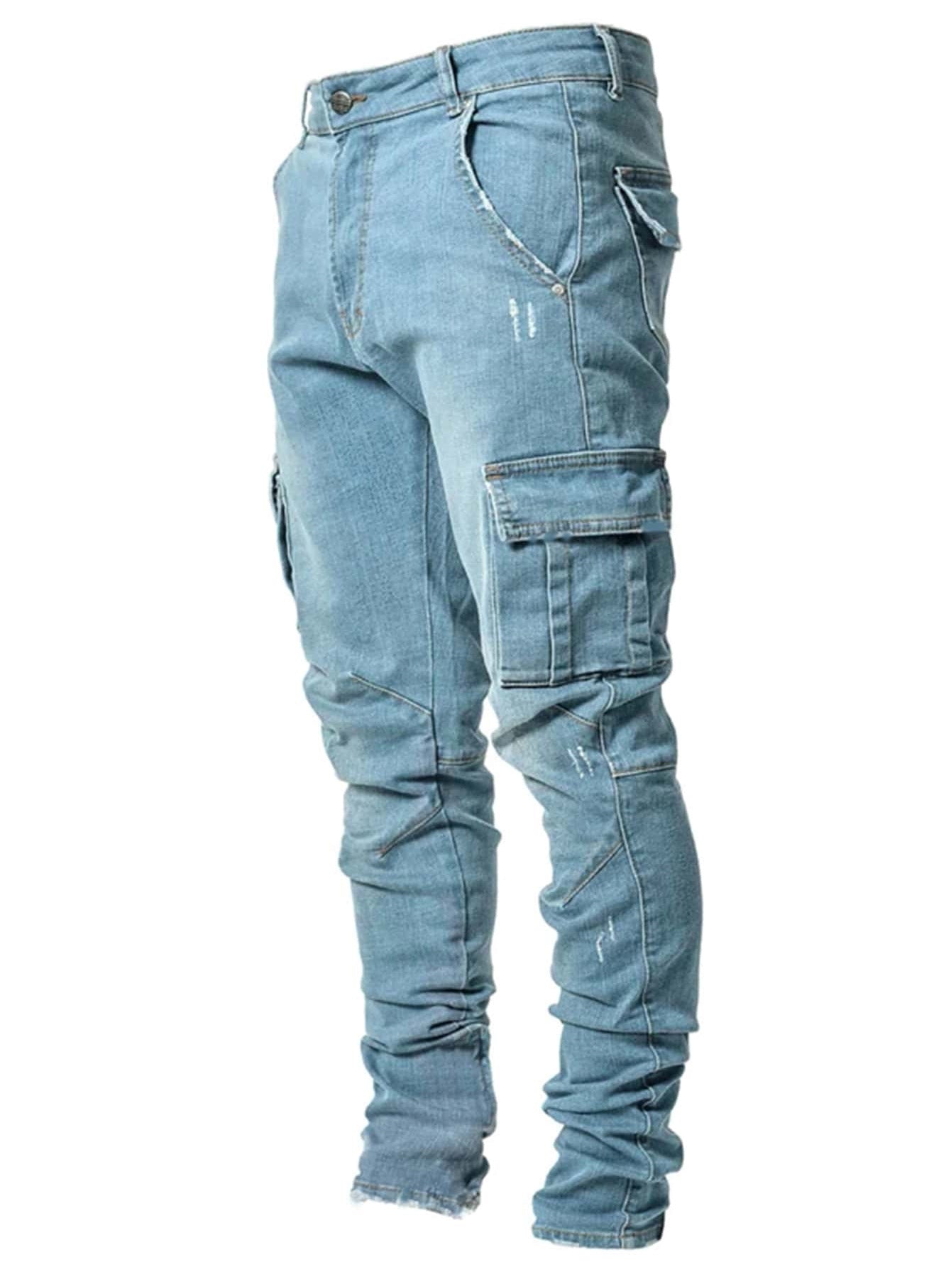 2025 Popularan Station Casual trendy men's elastic multi-bag pants Cross-border Popular trade Slim and thin denim tooling explosion