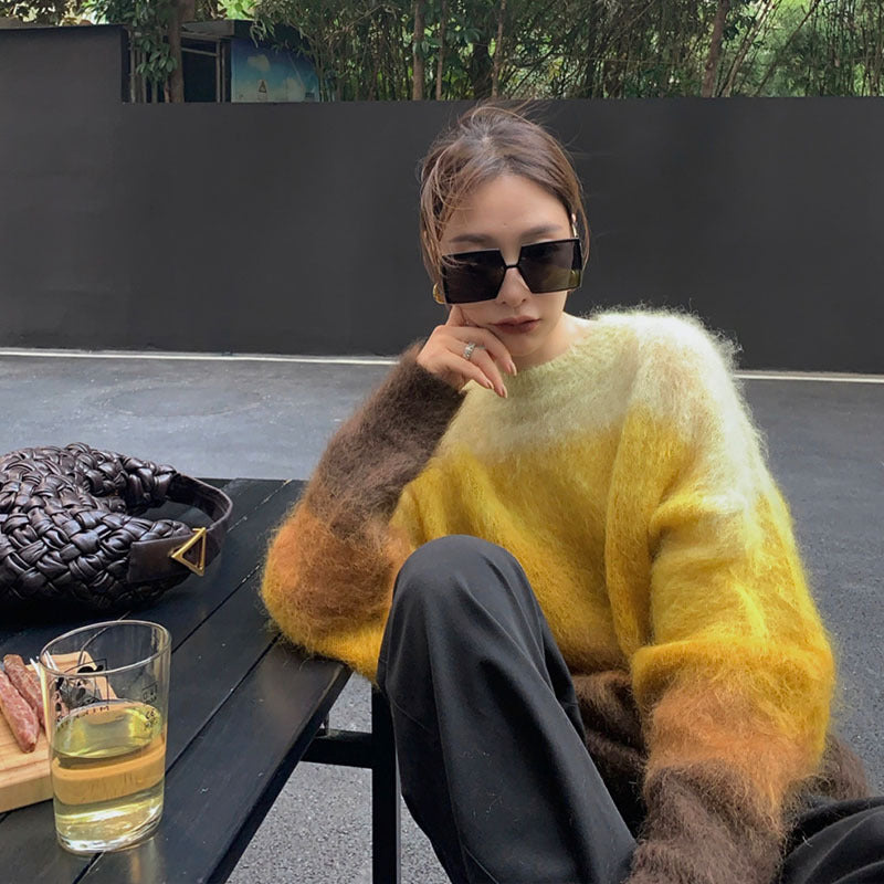 qgtao 2000s fashion Lazy Style Faux Mink Velvet Loose Color Matching Sweater New Autumn and Winter Retro Hong Kong Style