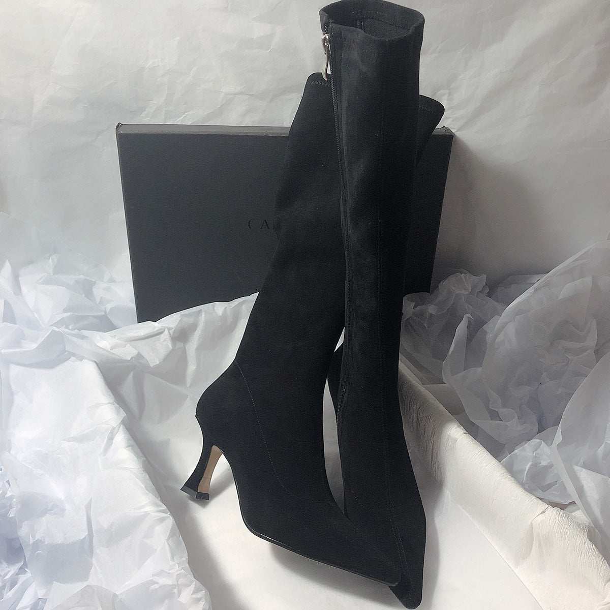 2025 Korean version of simple long boots but knee elastic boots matte thin boots side zipper pointed high heel boots