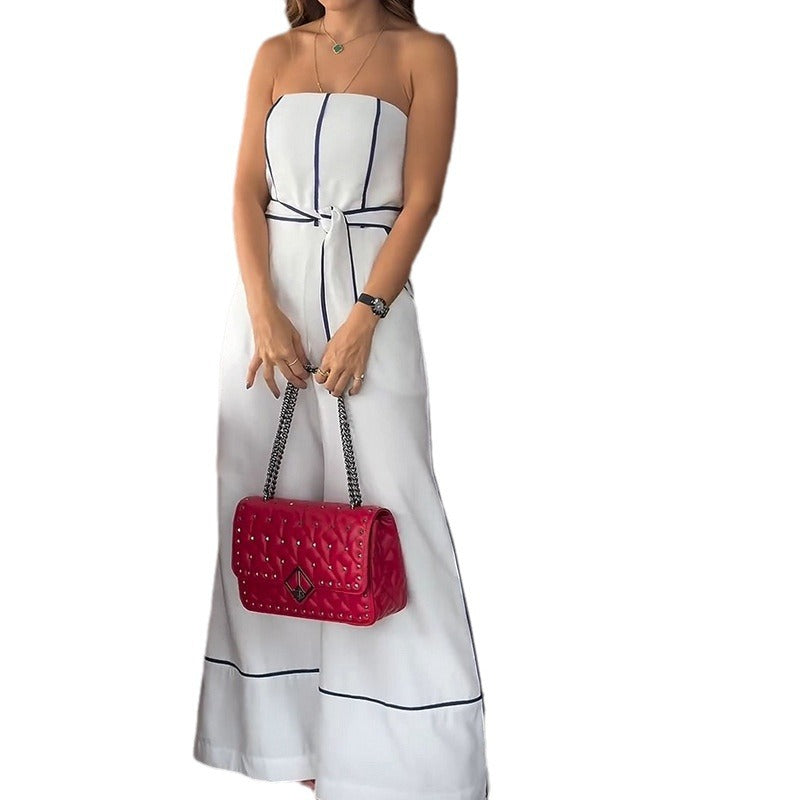 qgtao uniforms dress to impress Women's Fashion Elegant Short Sleeve Top Loose Trousers Shoulder Strap Line Print Jumpsuit