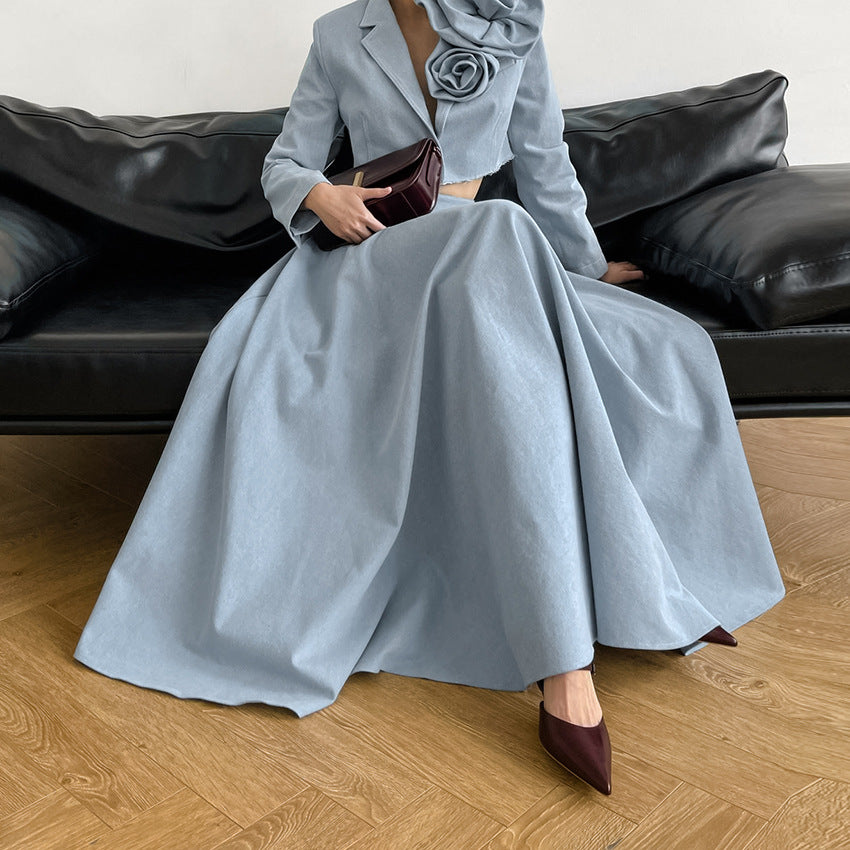 2025 spring and summer high temperament blue high waist versatile cotton and linen skirt new fashion versatile long dress women