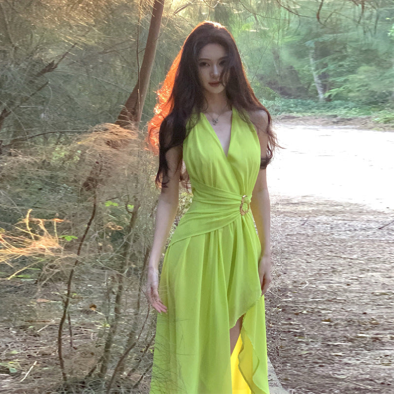 2025 Thai Spice Girl pleated neck skirt high split dress backless long dress evening dress Sanya vacation photo skirt