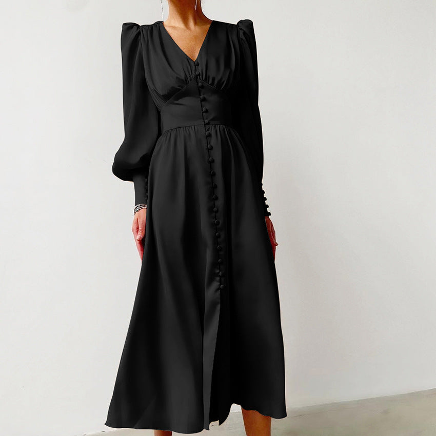 qgtao pop culture dress to impress 2024 Autumn and Winter Women's Long Dress V-neck Satin Court Waist-Tight Retro Dress Women