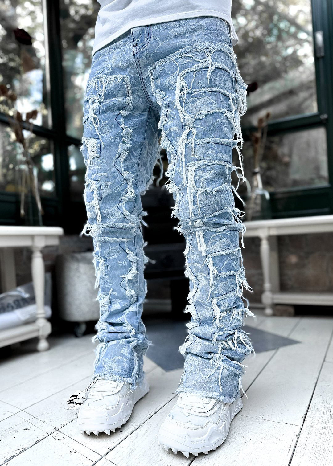 2025 Cross-border new men's denim straight pants, 2025 street fashion ins popular elastic sticker denim straight pants