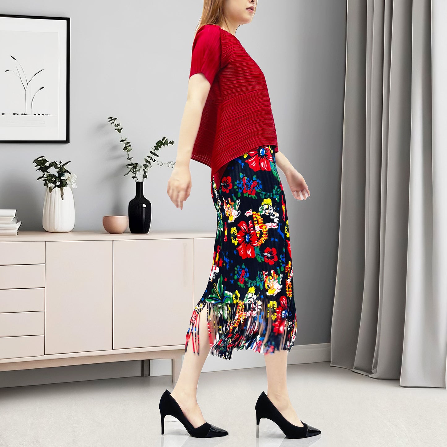 hot-selling women's summer suit two-piece set small retro printed fringed skirt high-end T-shirt